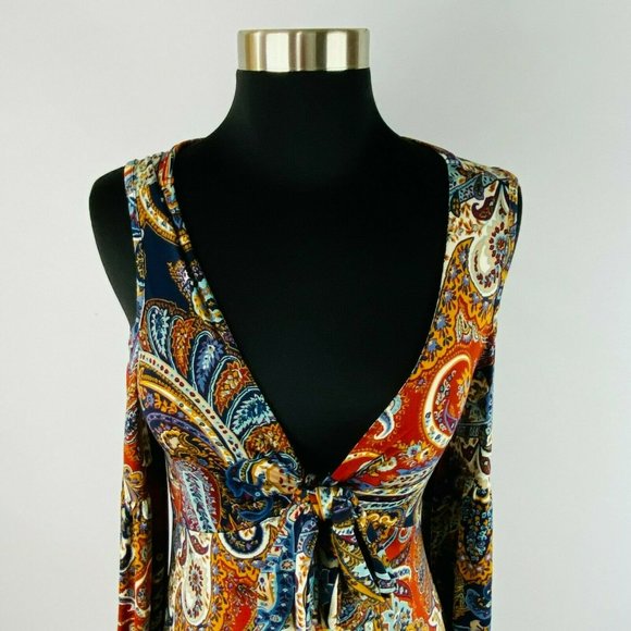 Venus Womens XS Cold Shoulders Tie Front Accent Bohemian Print Long Sleeve Top - Picture 2 of 7